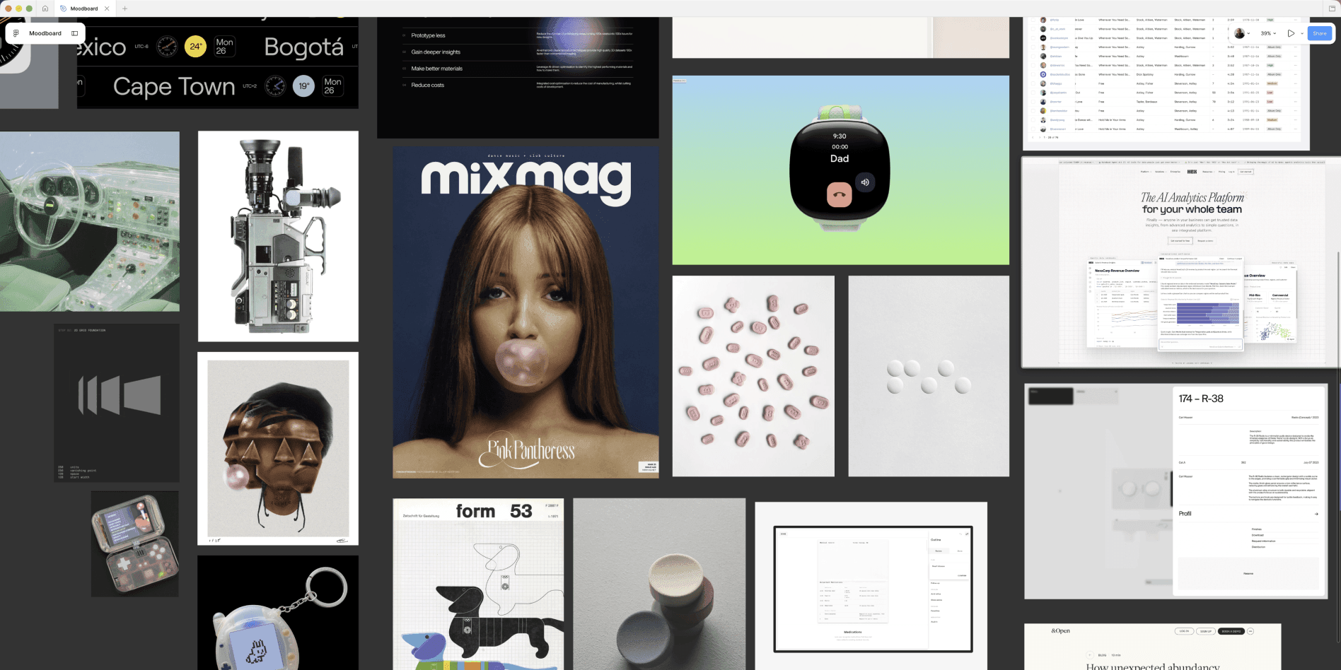 Moodboard drawing from a variety of sources to make it feel modern, retro, and editorial